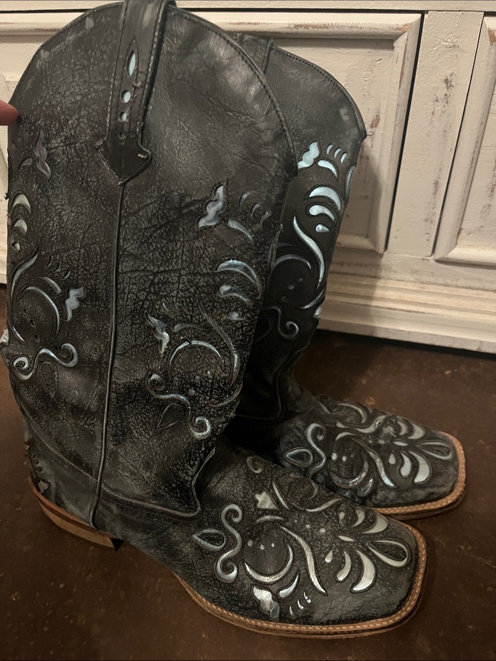 Roper and Black Leather Western Boots with Light Blue Inlay